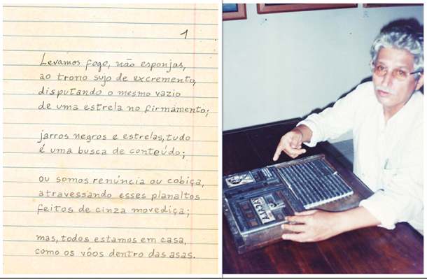 Manuscrito da segunda versão do "Exórdio", do livro "Yacala"/ Alberto da Cunha Melo exibe uma matriz de chumbo do seu livro "Yacala". Recife, Gráfica Olinda, 1999.