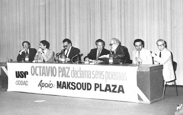 Gaudêncio dirigiu mesa do recital na USP do mexicano Octavio Paz, um dos maiores poetas do mundo no século 20, com o concretista Haroldo de Campos e o crítico Nilo Scalzo. Foto: Acervo pessoal